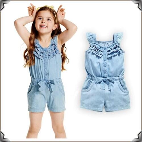 New Summer Baby Girl Clothes Clothing Rompers Denim Blue Cotton Washed Jeans Sleeveless Bow-Knot Jumpsuit