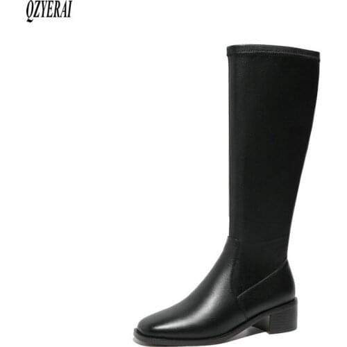 New winter style Knee high boots Genuine leather Women boots warm Motorcycle boots Square head Female boots cowhide Women shoes