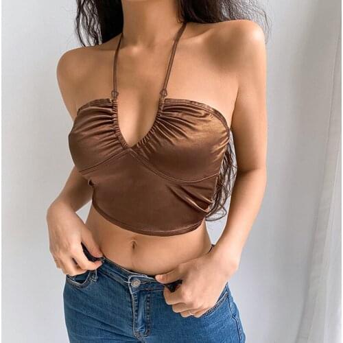 Sexy Fashion Brown Halter Tops Women Backless Skinny Camisole Korean Harajuku Clubwear Crop Shirts Vintage