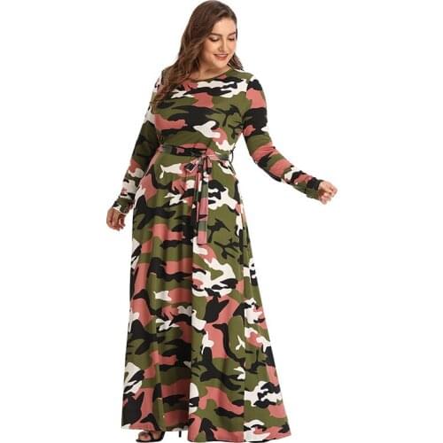 Plus Size Clothing For Women Maxi Dress Round Neck Camouflage Print Boho Style Vestidos Elegant Beach Long Sleeve Dresses