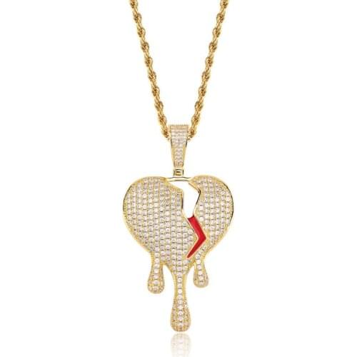 Lucky Sonny Broken Heart Pendant Necklace CZ Micro Paved Heart Charm Accessory Bijoux US UK Rapper Party Jewelry Dropshipping