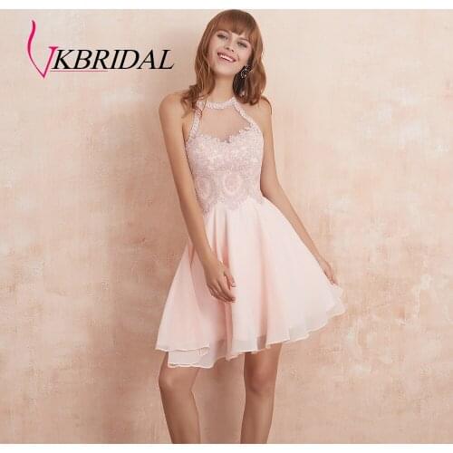 VKBRIDAL Sexy Halter Short Prom Dresses 2019 Fashion Chiffon Appliques Beaded Pink Homecoming Dress
