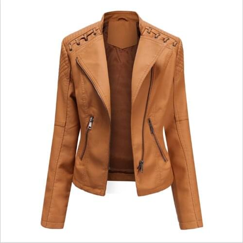 L-5XL Plus Size Female Jacket Feminine Coat PU For Spring Autumn 2021 New Shoulder Plait Decoration Turn Collar Locomotive