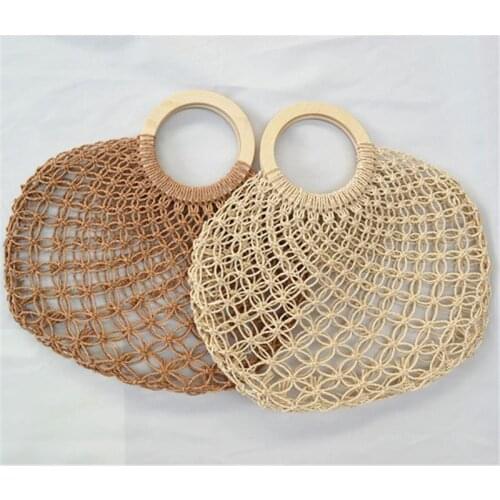 New 2020 Female Summer Straw Wrapped Paper Rope Bag Round bag with woden circular handle Mesh Net material a6237