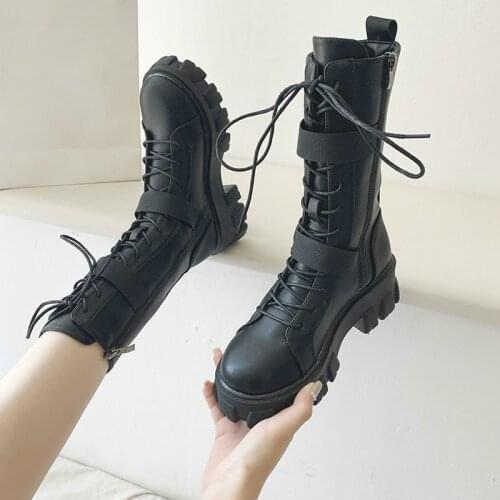 Women Mid-Calf Boots Autumn Winter Punk Genuine Leather Boots women Zipper Cross-tied Riding Boots High Heels Shoes Woman