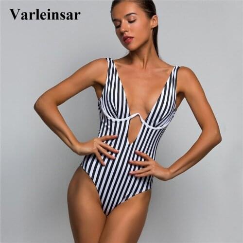 Striped V shape Wire One Piece Swimsuit Women Swimwear Female V-bar Underwired Bather 2019 Bathing Suit Swim Lady Monokini V472