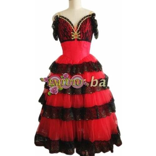 Adult Don Quixote Variation Black Red Professional Ballet Long Tutu Spanish Romantic Ballet Tutu Dress For Women