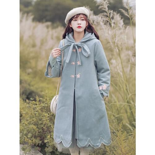 Autumn winter Sweet Women Coat Vintage Hooded Loose Woolen coat Embroidery Lace up overcoat warm female coat 2020 HOT