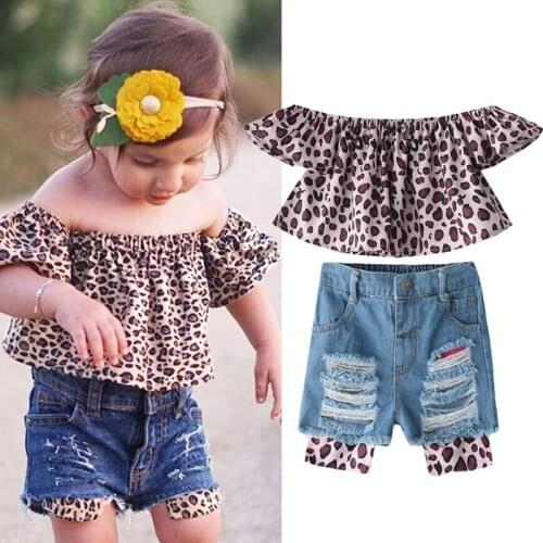 2020 Summer Girls Fashion Clothes Suit Leopard Print Top Denim Shorts 2-piece Suit INS Hot-selling Style Childrens Clothing