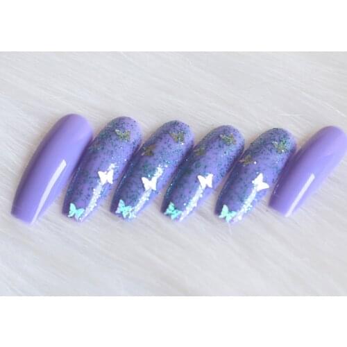 24pcs high-end fashion handmade crystal diamond long flat false nails light purple