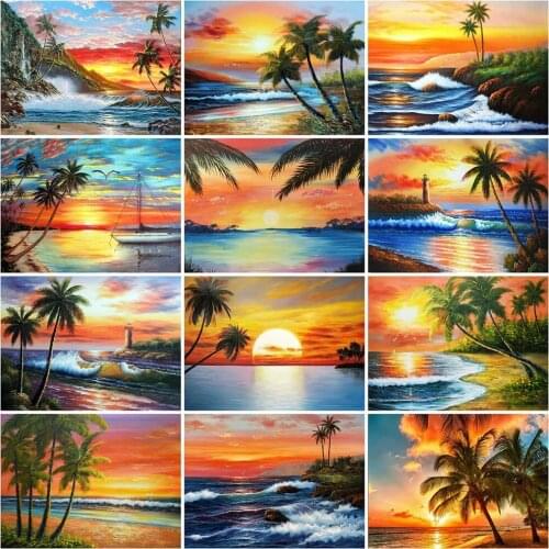 5D Diy Diamond Painting Seaside Full Square / Round Diamond Embroidery Sunset Landscape Craft Cross Stitch Mosaic Kit Home Decor