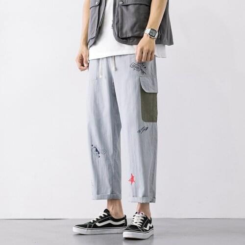 Casual Joggers Pants Men Harajuku Streetwear Harem Pants 2021 Summer Man Korean Cargo Pants Male Patchwork Cotton Beige