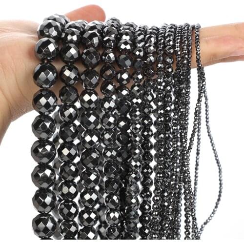 Natural Stone Beads Faceted Black Hematite Round Loose Spacer Beads for Jewelry Making Bracelet DIY Accessories 2/3/6/8/10/12mm