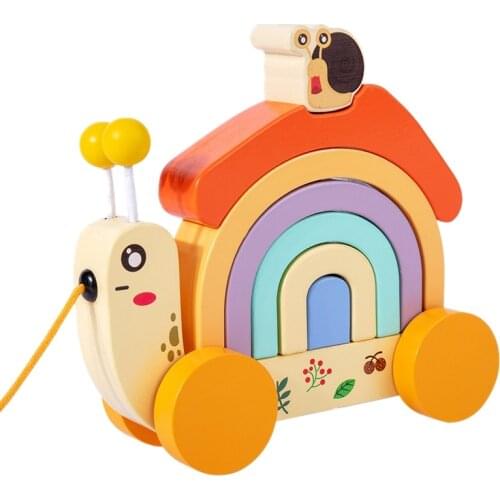 Cartoon Animal Trailer Toys Baby Wooden Toys Snails Slide Trailer Kids Gifts Rainbow Snail Tractor Baby Walker Toy