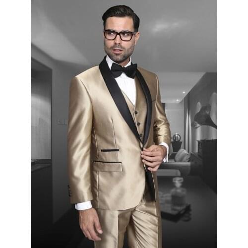 ANNIEBRITNEY Gold Satin Men 3 Piece Groom Wedding Suit 2020 New Fashion Men Luxury Satin Wedding Prom Formal Tailor Made Tuxedo