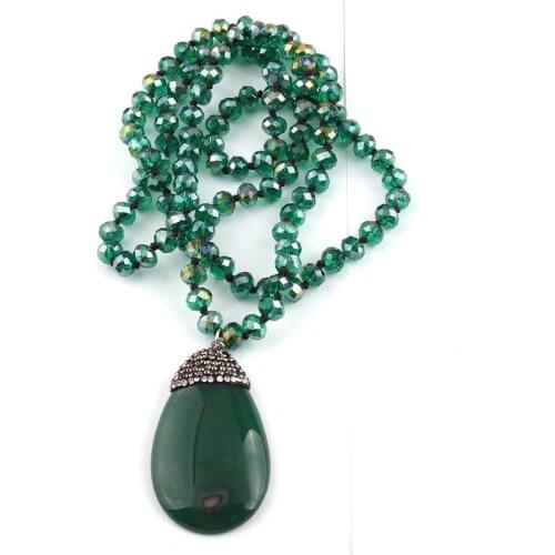 Fashion Bohemian Tribal Jewelry Green Long Crystal Glass Knotted Green Stone Pendant Necklaces