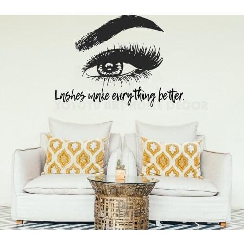 Wall Decor Sticker Beauty Eyes Quote Lashed make everything Better Wall Decal Eyelash brows Wall Sticker for Bedroom Salon Y107