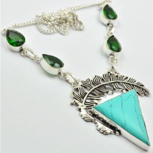 Turquois & Green Quarts Necklace Silver Overlay over Copper , 50cm, N2467