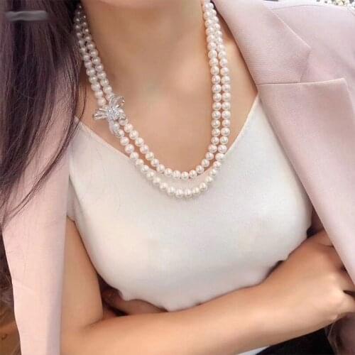 Row natural 6-7mm white Pearl Necklace 925 silver micro inlay zircon Butterfly clip clasp diy accessory jewelry