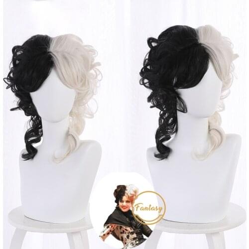 Cruella De Vil Cosplay Wig Black Short Hair Heat Resistant Synthetic Hair Party Wig+ Free Wig Cap