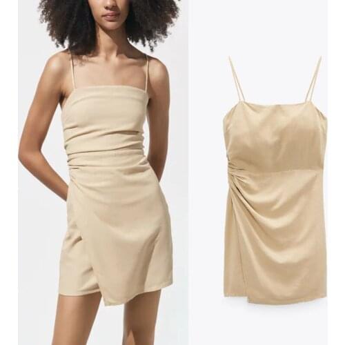 Summer Draped Mini Dresses Women Za 2021 Sexy Straight Neck Spaghetti Straps Dress Fashion Side Ruched Waist Chic Feminine Dress