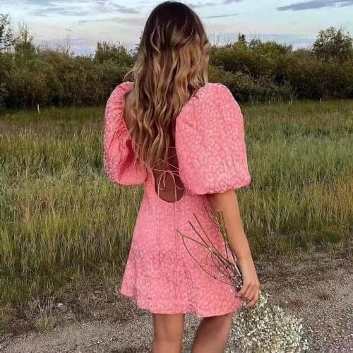 Yimunancy Puff Sleeve Dress Women Backless Dress 2021 Summer Ladies Elegant Dress Vestidos Robes