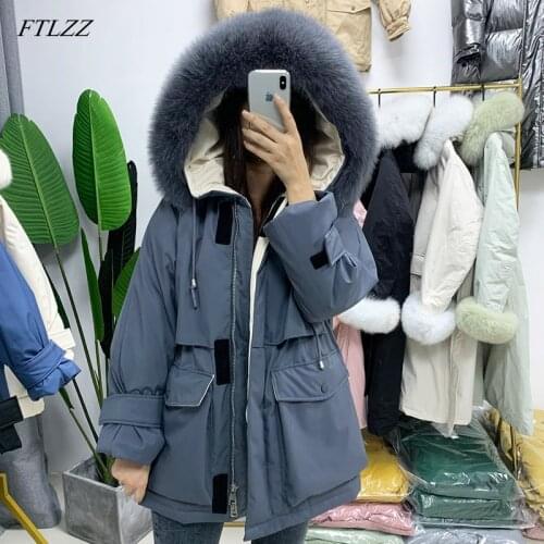 FTLZZ New Real Fur Hooded Winter Women White Duck Down Jacket Snow Thick Parkas Warm Coat Waterproof Down Overcoat