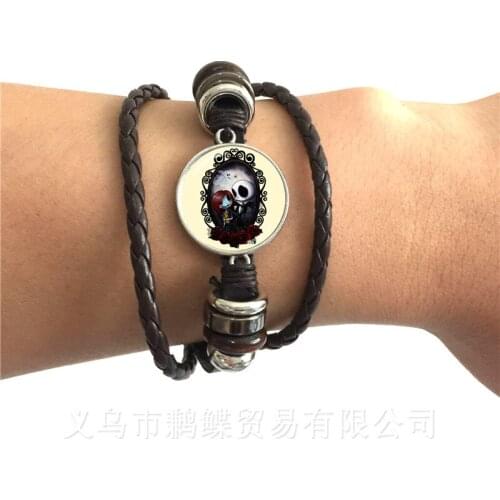 He Nightmare Before Christmas Pattern Adjustable Leather Bracelet 20mm Jack And Sally Glass Dome Bangle Halloween Gifts