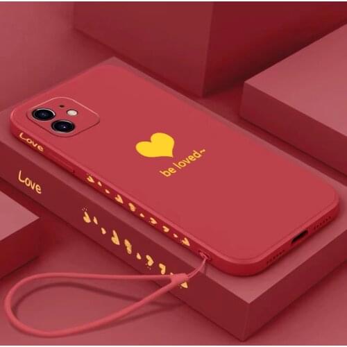 Ultra-thin Cute Heart-shaped Square Liquid Silicone Phone Case For iPhone 12 11 Pro XS Max XR X 8 7 6 Plus Luxury Lanyard Cover