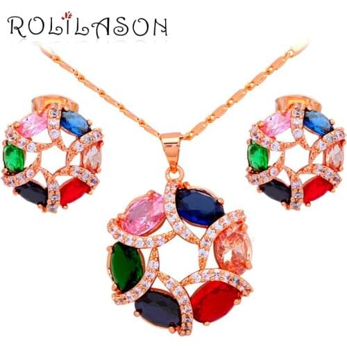 Health & Beautiful Luxury Gifts for Women Gold Tone AAA Zircon Earrings Necklace Pendant Color Crystal Jewelry Set JS598