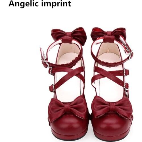Angelic imprint woman mori girl lolita cosplay shoes lady mid heels pumps women princess dress party shoes 4.5cm 33-47 bowties