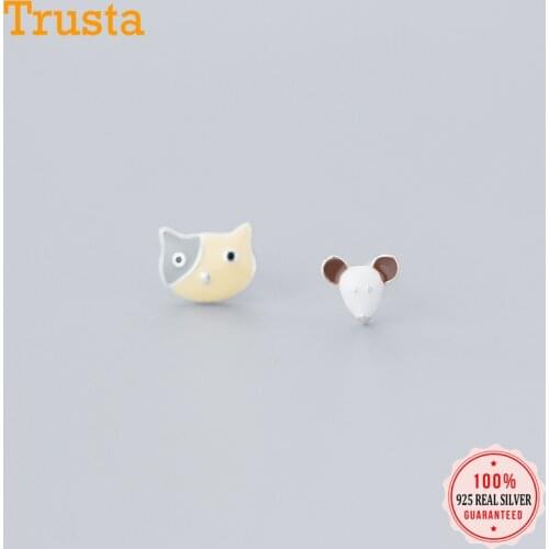 Trustdavis Minimalist Authentic 925 Sterling Silver Asymmetric Cat and Mouse Stud Earrings For Women Silver 925 Jewelry DA889