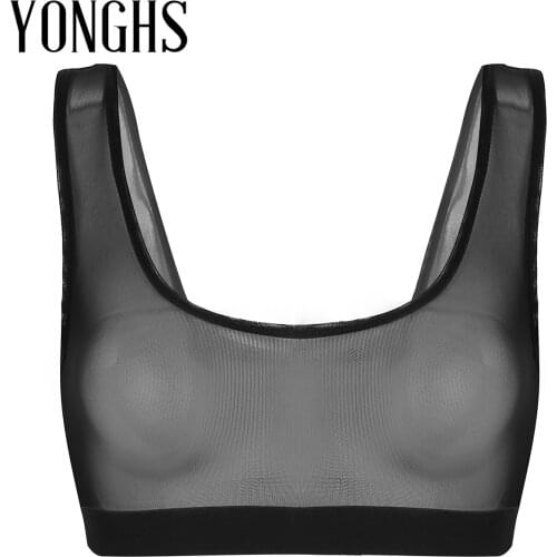 Womens Erotic Lingerie Transparents Crop Tops Sleeveless Sexy Tank for Sex See Through Mesh Bralette Bra Deep U Neck Vest Top