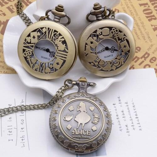 100pcs/lot Vintage Bronze Alice in Wonderland Pockt Watch Brown Dial Pocket Watches Sweater Chain Gift Watches