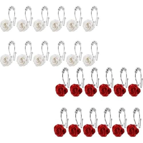 12Pcs Shower Curtain Hooks Double Sliding Rings Made Of Stainless Steel, Ring with Rose Resin, Bathroom Shower Rods