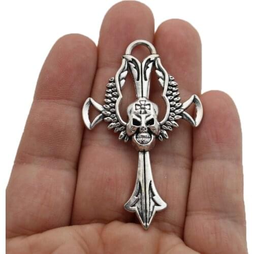 JAKONGO Silver Plated Cross Skull Charm Pendants for Jewelry Making Bracelet DIY Accessories 61x38mm 2pcs