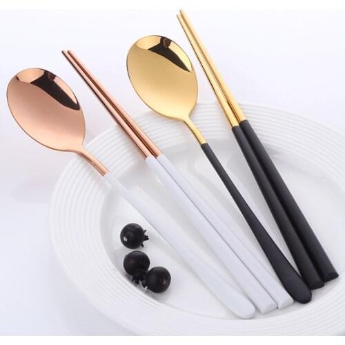 5 Set Korean Chopsticks Spoon Set Stainless Steel Gold Black Chopstick Set Use For Sushi White Handle Dinerware Free Shipping