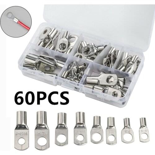 60PCS Copper Cable Lugs Ring Terminals Kit with Box SC6-SC25 Tinned Cable Lugs Battery Bare Cable Wire Connectors