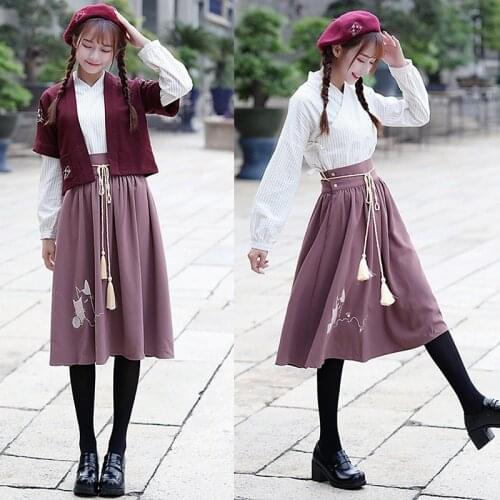Elements embroidered Beret Hat improved half arm Hanfu womens half skirt suit students' cos performance animation suit