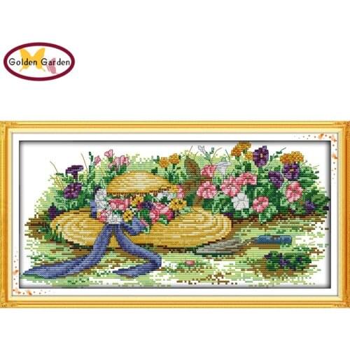 GG Flowers and Straw Hats Stamped Cross Stitch Pattern 11CT14CT DIY Kits Needlework Embroidery Cross Stitch Sets for Home Decor