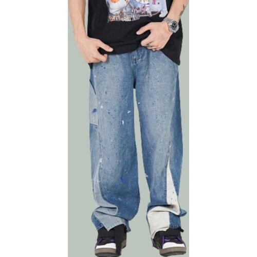 Hip Hop Patchwork Splash Ink Water Wash Jeans Men Harajuku Retro Streetwear Loose Wide Leg Pants Summer Joggers Casual Trousers