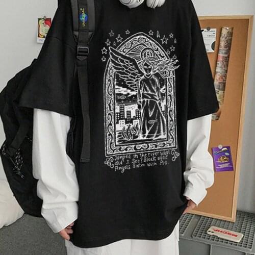 Harajuku T-shirts Summer Men/Women Hip Hop Funny Print black eyed angels swin with me Tshirt Streetwear Graphic Fake two Tops