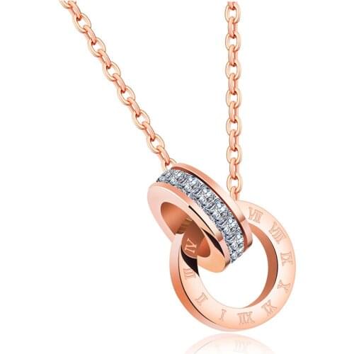 JeeMango Mosaic Cubic Zirconia Double Circle Love Roman Numerals Pendant Necklace Rose Gold Color Wedding Women Necklace OGX1187