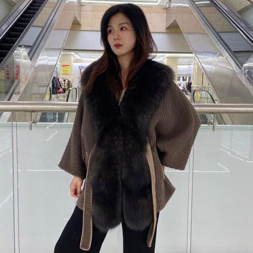 Fur Cardigan Women Sweater Real Fox Fur Coat Autumn Winter Warm Fashion Bat Type Cape Jacket Adjustable Waist