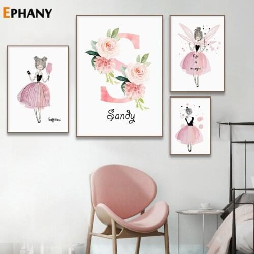 Pink Fairy Girl Custom Name Canvas Painting Nursery Poster Nordic Posters and Prints Wall Art Print Pictures Baby Room Decor