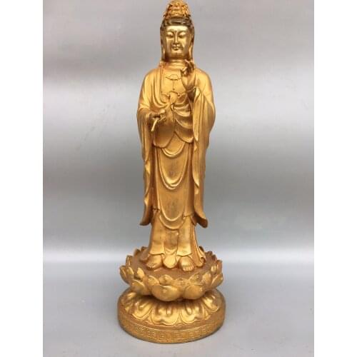 17"Chinese temple collection Old Bronze Gilt Guanyin Bodhisattva statue Standing Buddha Enshrine the Buddha Ornaments Town House