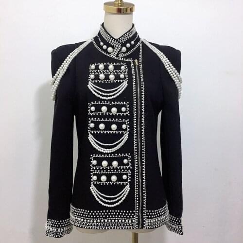 2020 Spring Autumn Fashion Womens Diamonds Jackets Hot Fashion Pearls Stand collar Coat B693