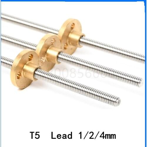 3D Printer CNC Linear Shaft Trapezoidal Rod T5 Lead Screw 5mm with Brass Nut Length 100/400/500/550mm Stepper Motor Driving