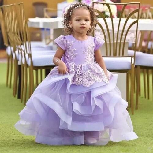 Cute Ball Gown Flower Girl Dresses Lace Applique Kids Pageant Dress Girls Birthdday Party Gown with Bow
