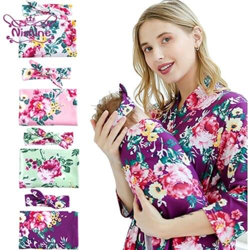 Nishine Infant Vintage Peony Flowers Pattern Swaddle Blanket and Hairband Set Fashion Print Bunny Ears Headband Baby Accessories